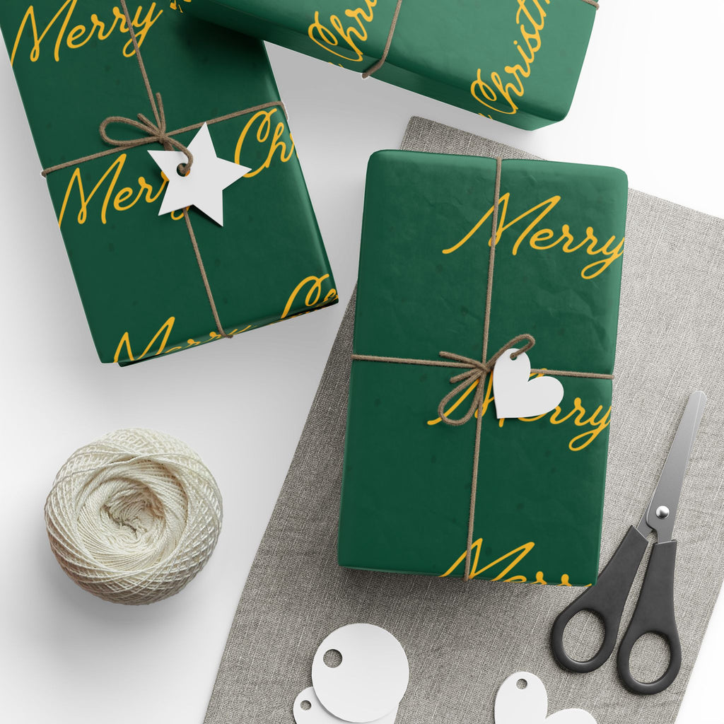Christmas Star Wrapping Paper – Green & Gold "Merry Christmas" Gift Wrap