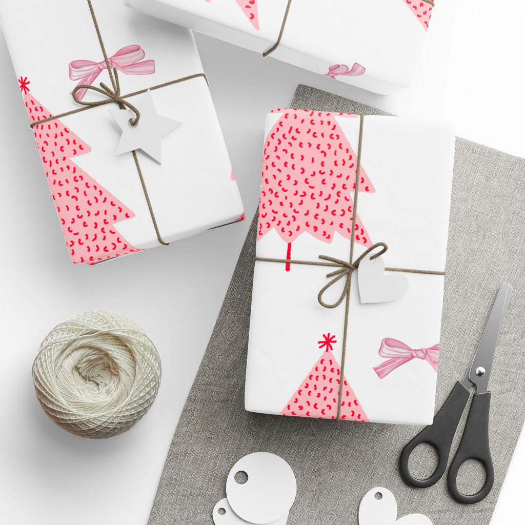 Pink Christmas Tree Wrapping Paper - Festive Gift Wrap with Bows