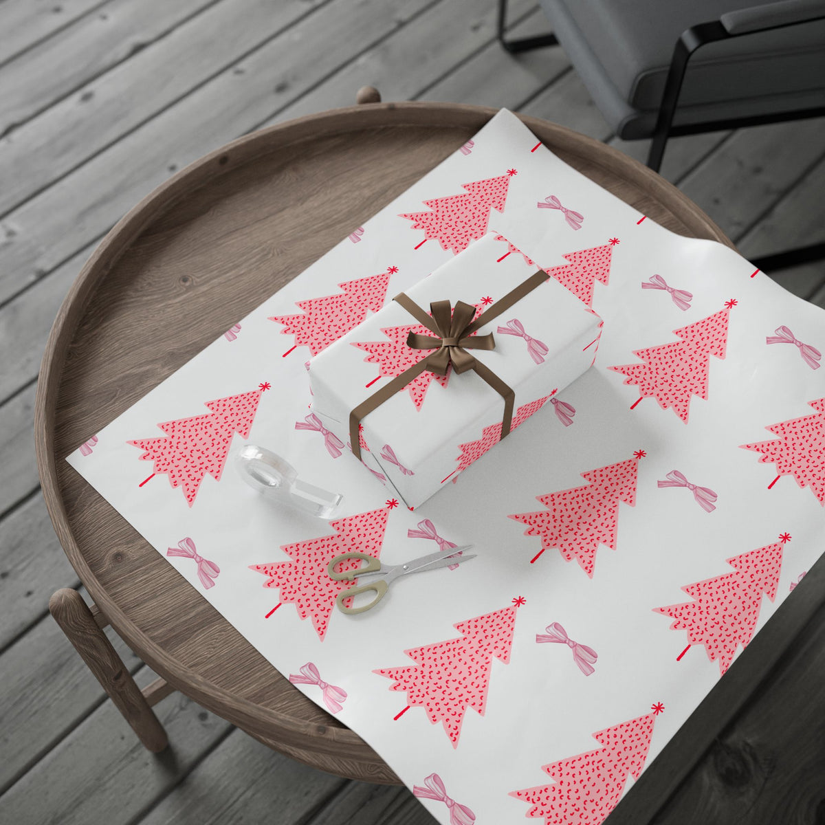 Pink Christmas Tree Wrapping Paper - Festive Gift Wrap with Bows