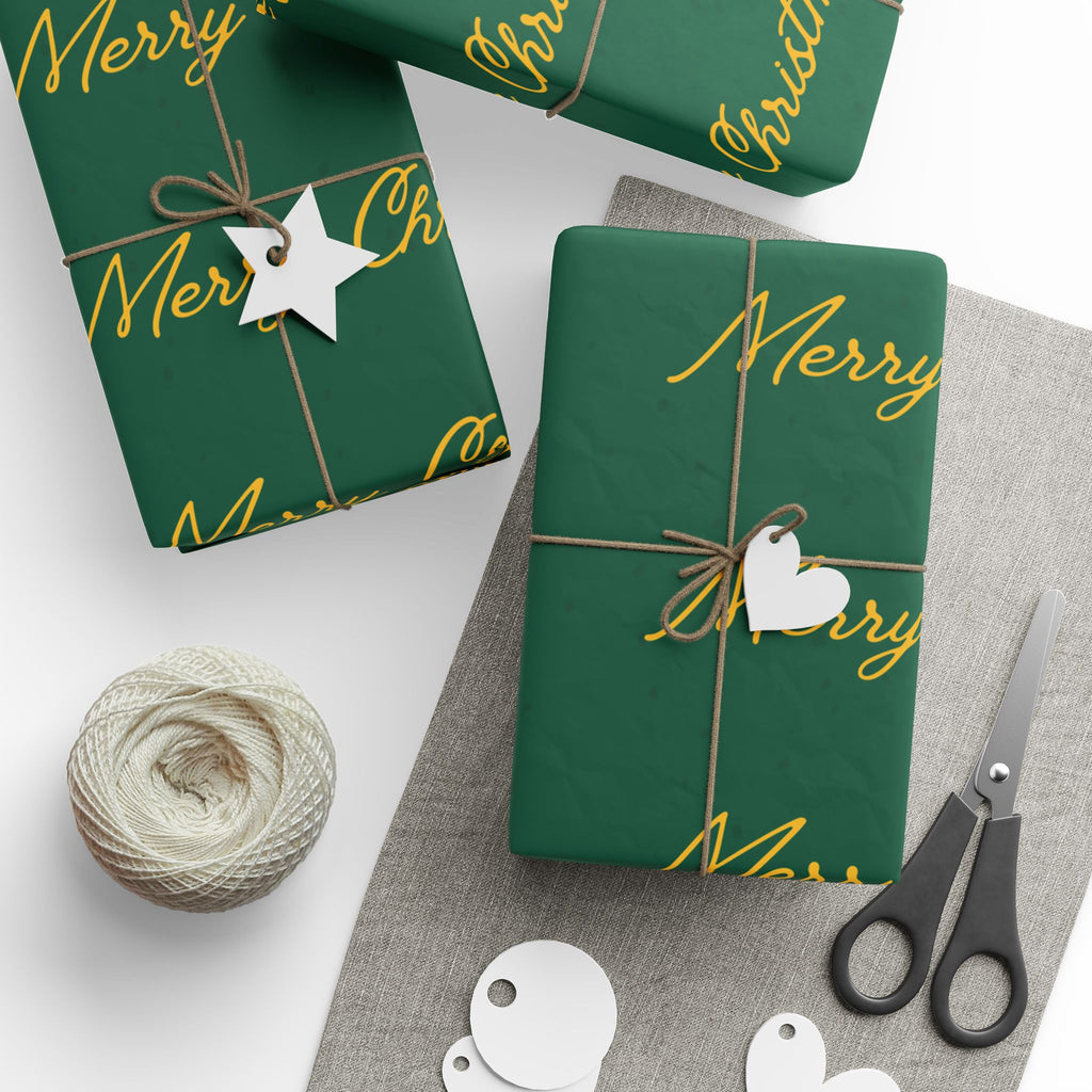 Christmas Star Wrapping Paper – Green & Gold "Merry Christmas" Gift Wrap