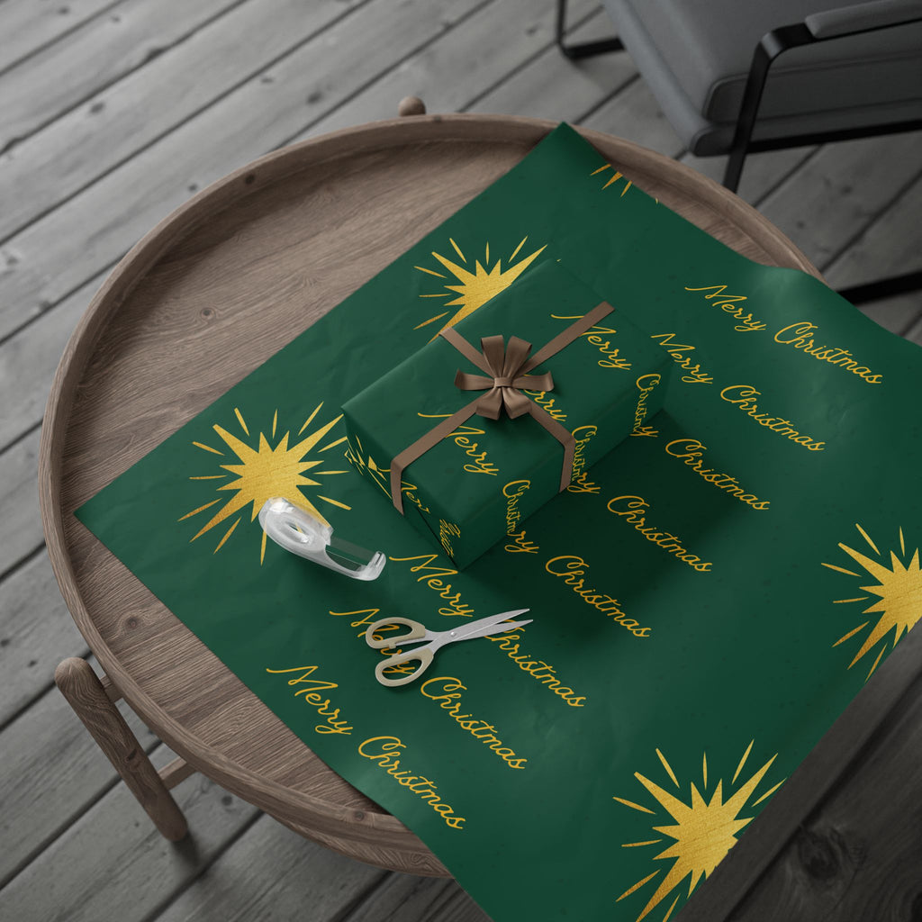 Christmas Star Wrapping Paper – Green & Gold "Merry Christmas" Gift Wrap