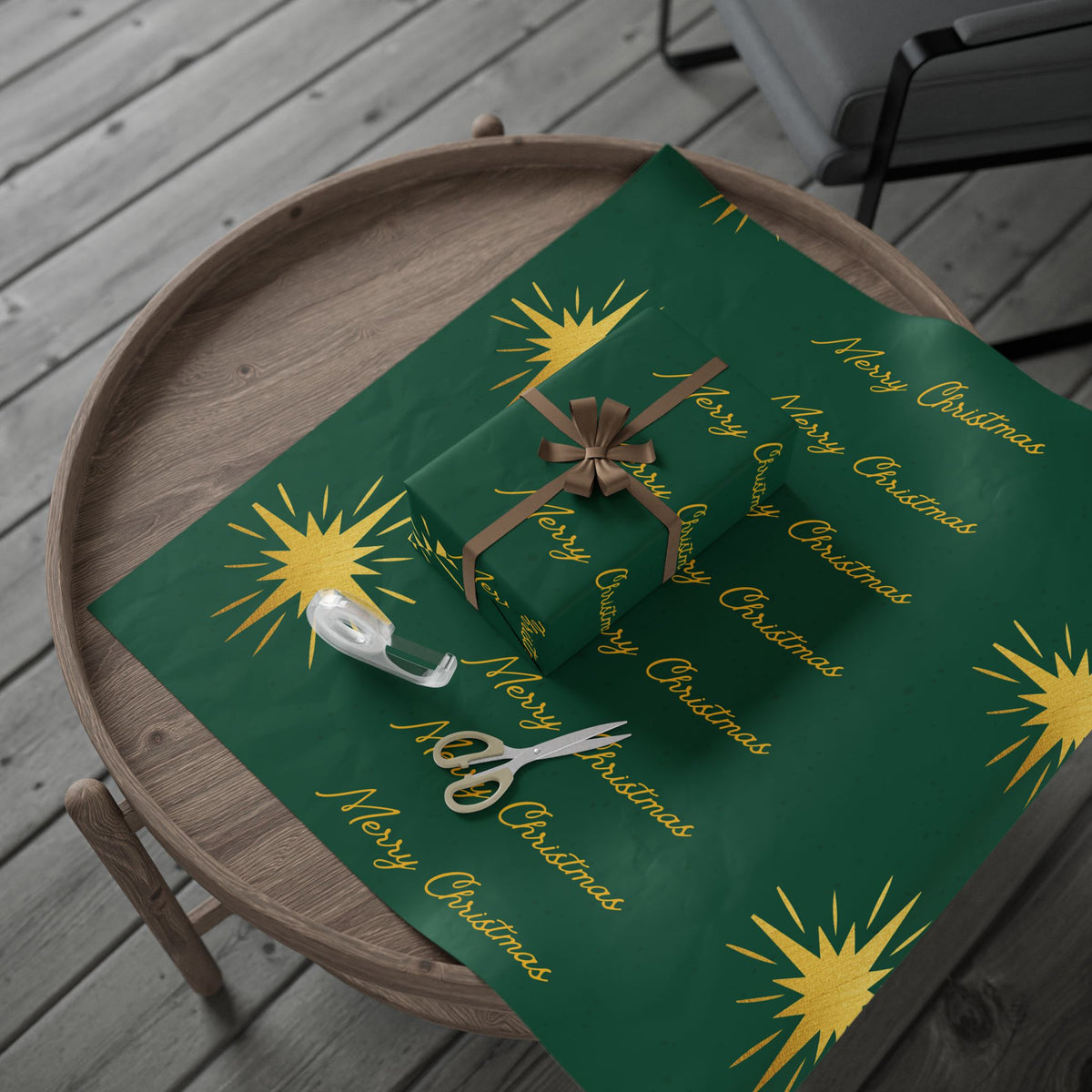 Christmas Star Wrapping Paper – Green & Gold "Merry Christmas" Gift Wrap