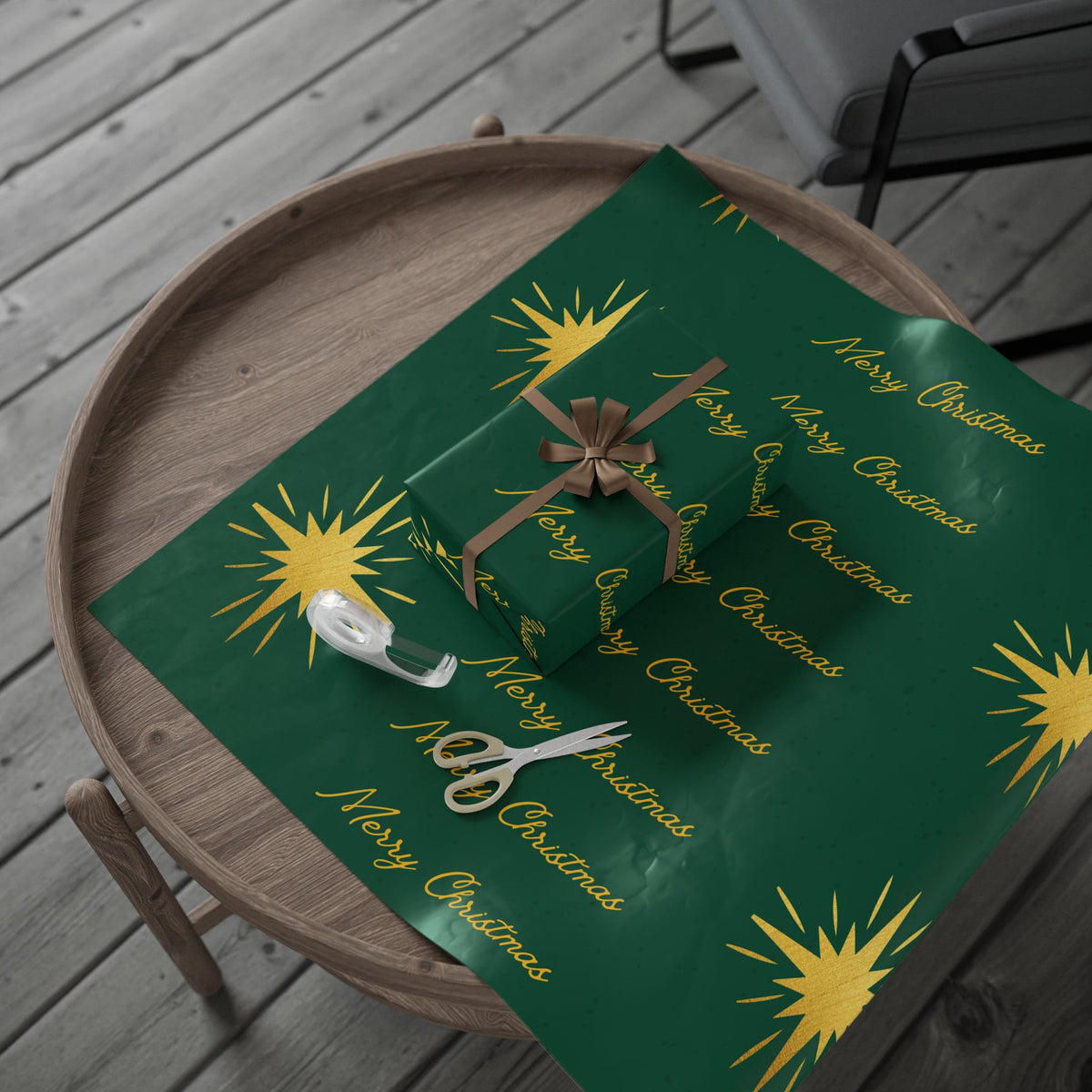 Christmas Star Wrapping Paper – Green & Gold "Merry Christmas" Gift Wrap